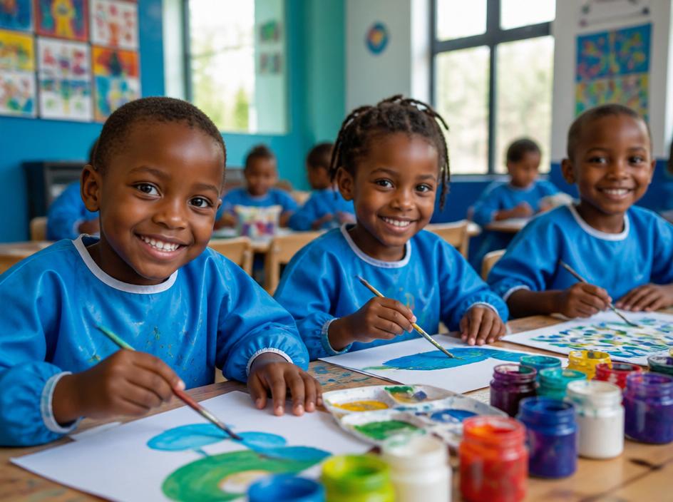 Young children painting and doing art activities in a bright classroom