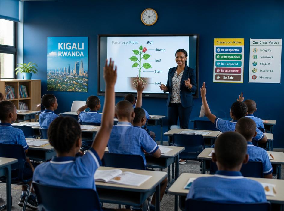 Students raising hands during an interactive primary school lesson