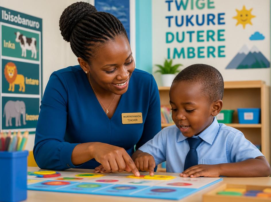 A teacher helping a nursery student with a learning activity
