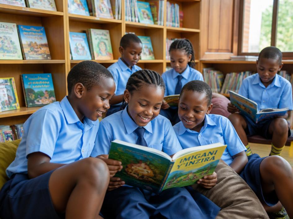 Group of primary students reading books in the school library